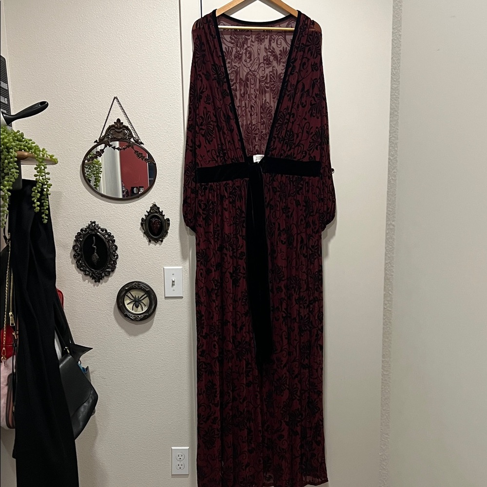 Unique Vintage Burgundy Black Velvet-Trim Long Duster Coat